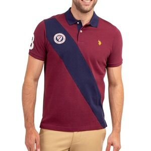 U.S. Polo Assn. Colorblock Pique Sash Polo Shirt Maroon Banner Navy Men L NWT
